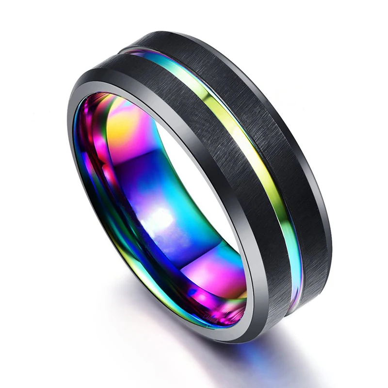 

Fashion 8mm Colorful Stainless Steel Rings Wedding Jewelry Accessories Classic Inside Plating Grooved Men's Rings