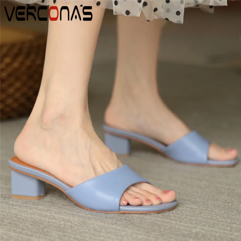 

VERCONAS Peep Toe Shallow Slippers Women Sandals Genuine Leather Pumps Fashion Concise 2021 Summer New Thick Heels Shoes Woman