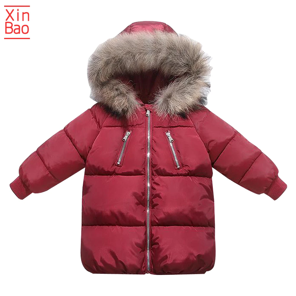 XINBAO/ детское теплое зимнее пальто с капюшоном из искусственного меха для маленьких мальчиков и девочек, куртка, пальто Детская верхняя одежда длинная одежда для подростков - Цвет: wine red