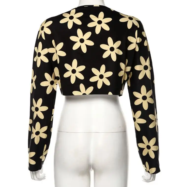 

New round neck long sleeve printed single-breasted cardigan slim T-shirt