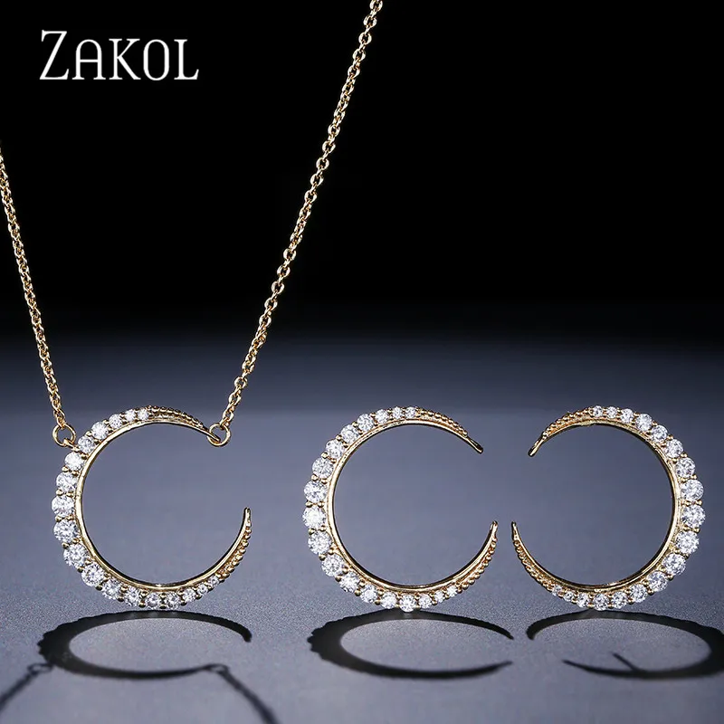 ZAKOL Classic Moon Shape Jewelry Sets White Gold With Tiny CZ Paved Pendant Necklace &amp Stud Earrings For Women FSSP3002 | Украшения и