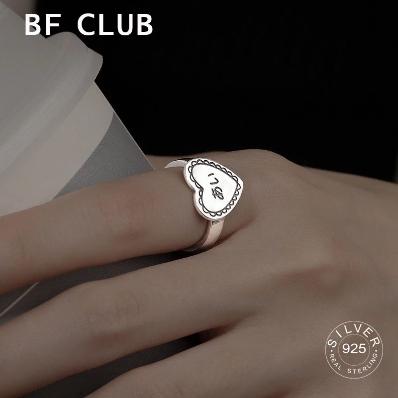 

925 Sterling Silver Heart Open Rings For Women Men Vintage Retro Letters Party Gifts Accessories