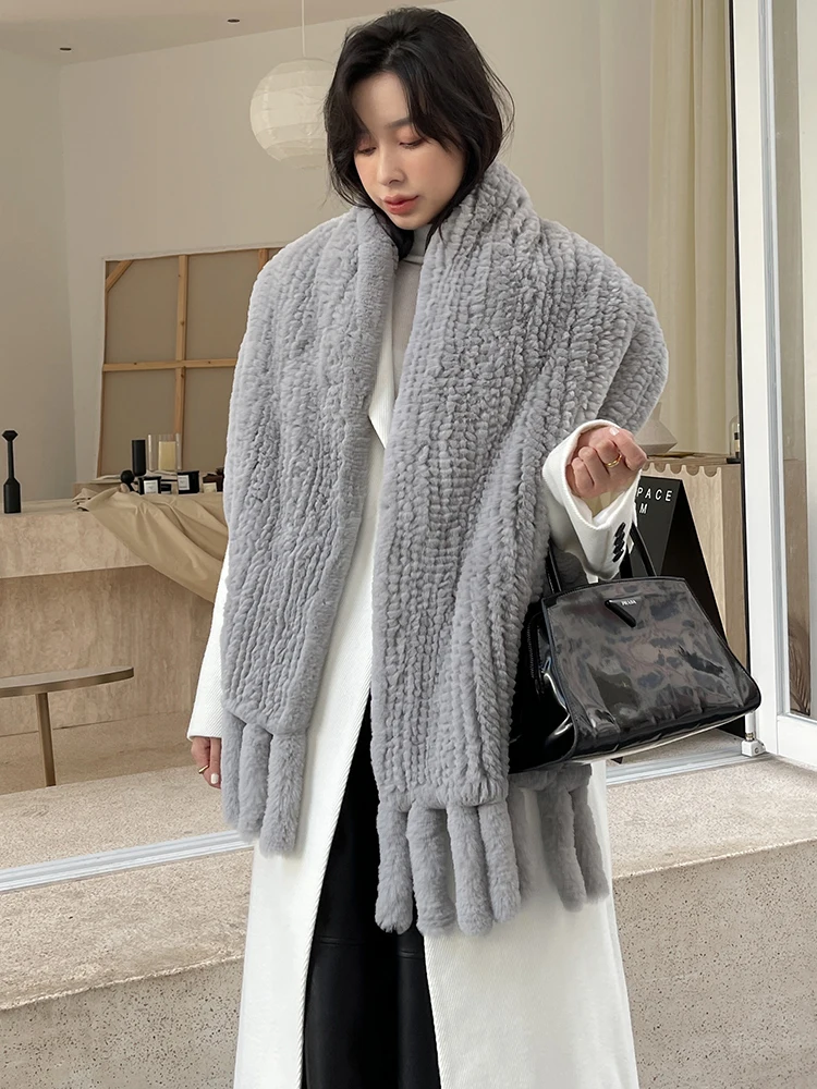 Women's Real Rex Rabbit Fur Scarf with Tassel Winter Warm Knitted Cape Long Wraps for Female |