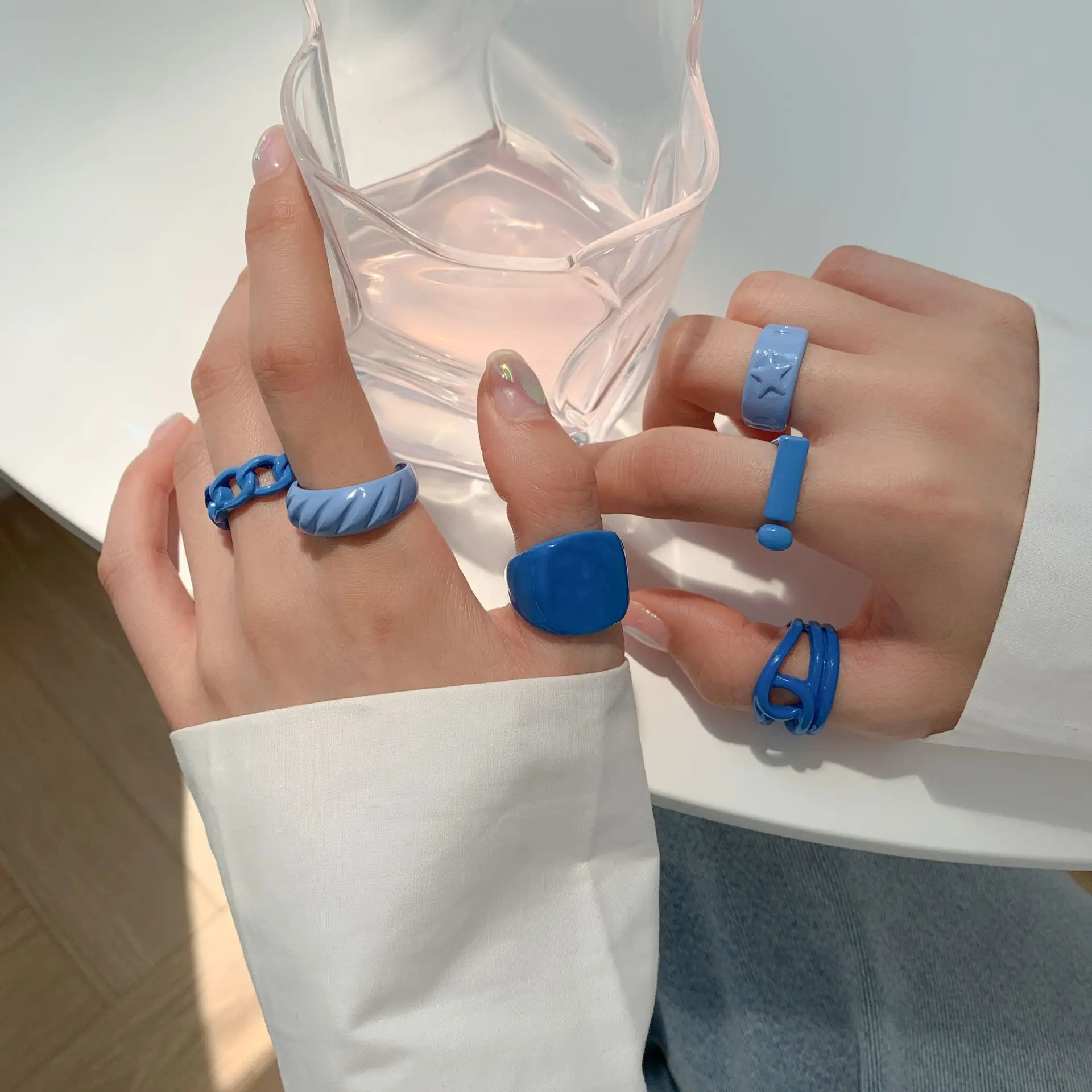 

6PCS/set New Fashion Colorful Drip Glaze Geometric Irregular Chain Twisted Bow Croissant Hollow Open Rings Set For Women Jewelry