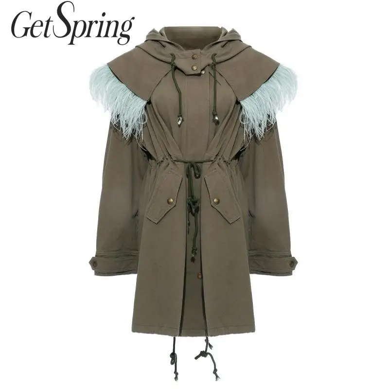

GetSpring Женская куртка со съемным страусиным ворсом, Женское пальто с капюшоном, свободные длинные женские пальто с кулиской и теплой подклад...
