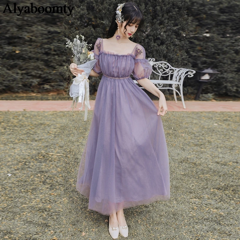 

Summer Women Maxi Long Romantic Dress Slash Neck High Waist Slim Mesh Party Dress Elegant Purple Tulle Dress With Embroidery