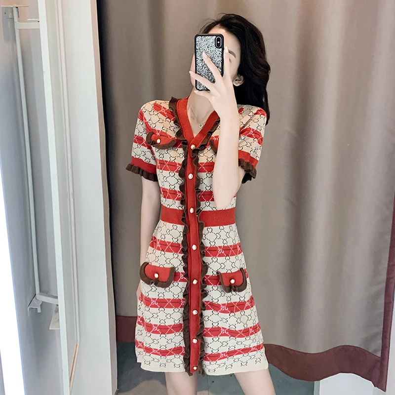 

Summer short sleeve mini dress women patchwork color stripes fashion knitted dress v-neck single breasted ruffle sweater vestido