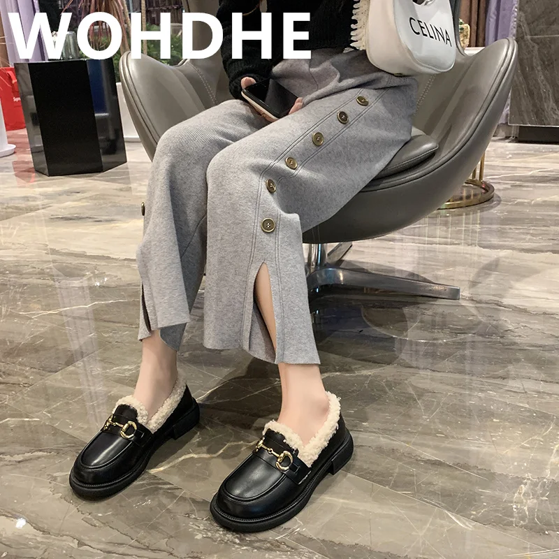 

Женские однотонные лоферы WOHDHE на среднем каблуке, 2021, женские однотонные туфли из искусственной кожи с круглым/квадратным носком, без засте...