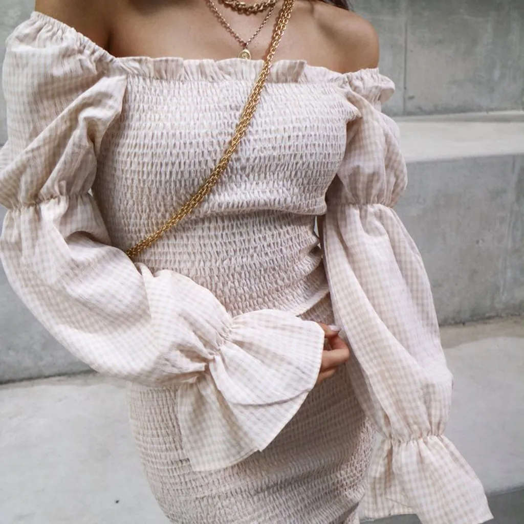 2020 New dress Autumn Long Sleeve Slash Neck Dresses Women Ruffles Bodycon Midi Lady Slim Pleated Casual Clothing #3 | Женская одежда