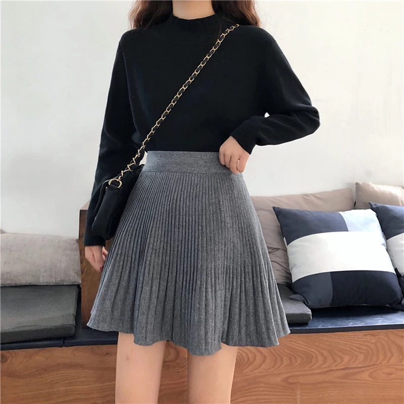 Женская вязаная юбка-трапеция Повседневная однотонная мини-юбка выше колена с