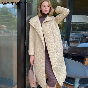WOTWOY Элегантное длинное пальто с хлопковой подкладкой для женщин, свободный крой, Argyle, зимний пуховик для женщин, черные толстые парки для женщин, Winderbreakers