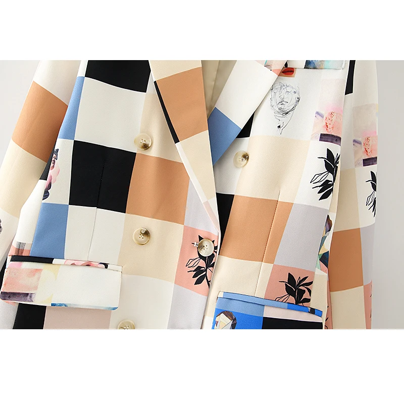 

2020 Fall Women's New Long - Sleeved Lapel Coat Slim and Interesting Geometric Pattern Square Printed Mosaic Suit Female