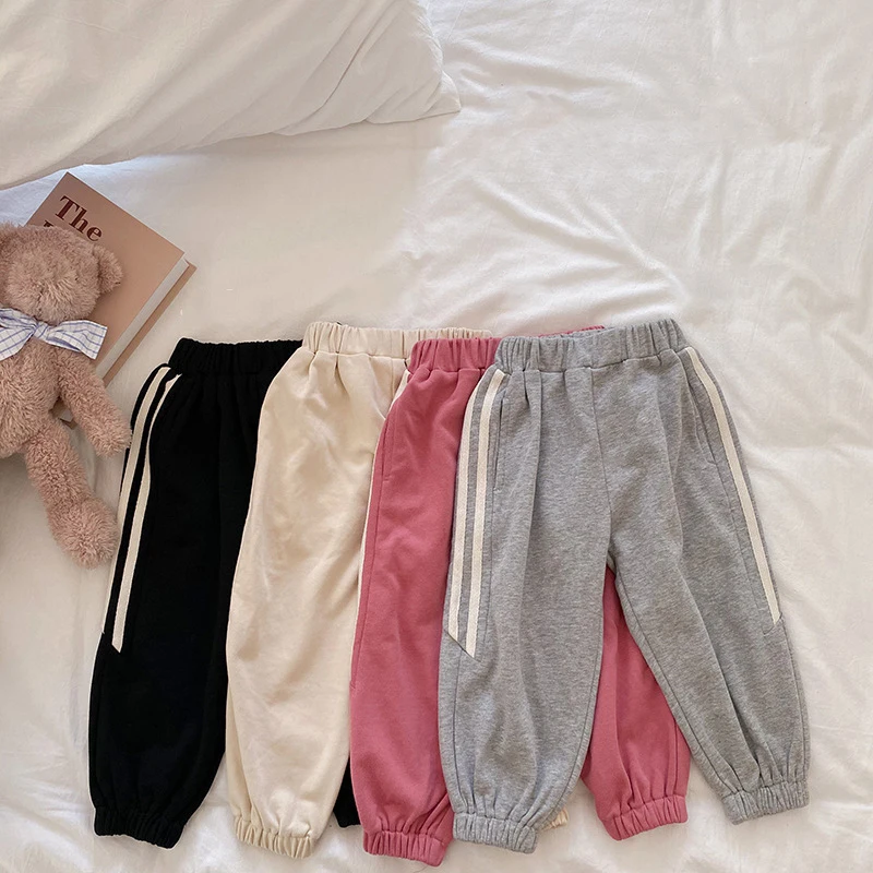 

2021Children's Pants Girls Loose Sports Vertical Striped Casual Pants Soft Elastic Waist Harem Pants Kids Breathable Long Pants
