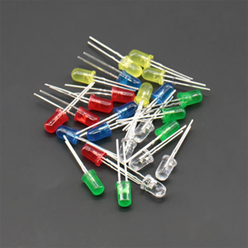 

100Pcs 5 Colors F5 5Mm Round Yellow White Red Green Blue Diffused Round Dip Diode Led Lamp Light