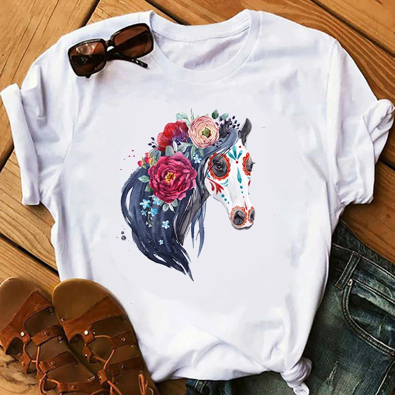 

Watercolor Horse Harajuku Kawaii T Shirt Women Funny Cartoon T-shirt Cute Anime Top Tee Female