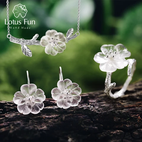 Lotus Fun реальные 925 серебро ручной работы Ювелирные украшения цветок в дождь комплект ювелирных изделий с кольца, серьги кулон Neckace