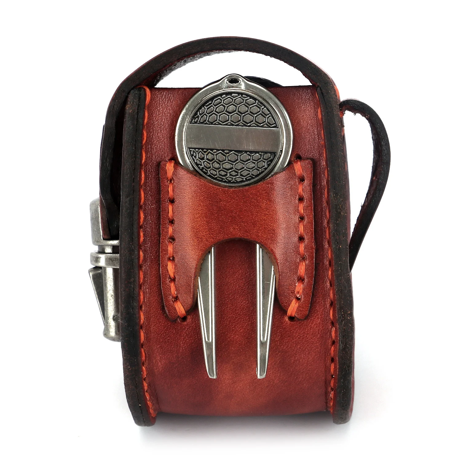 Tourbon Vintage Portable Golf Balls Pouch Tee Holder Storage 2 Balls Divot Tool Genuine Leather Golf Carrier Accessories