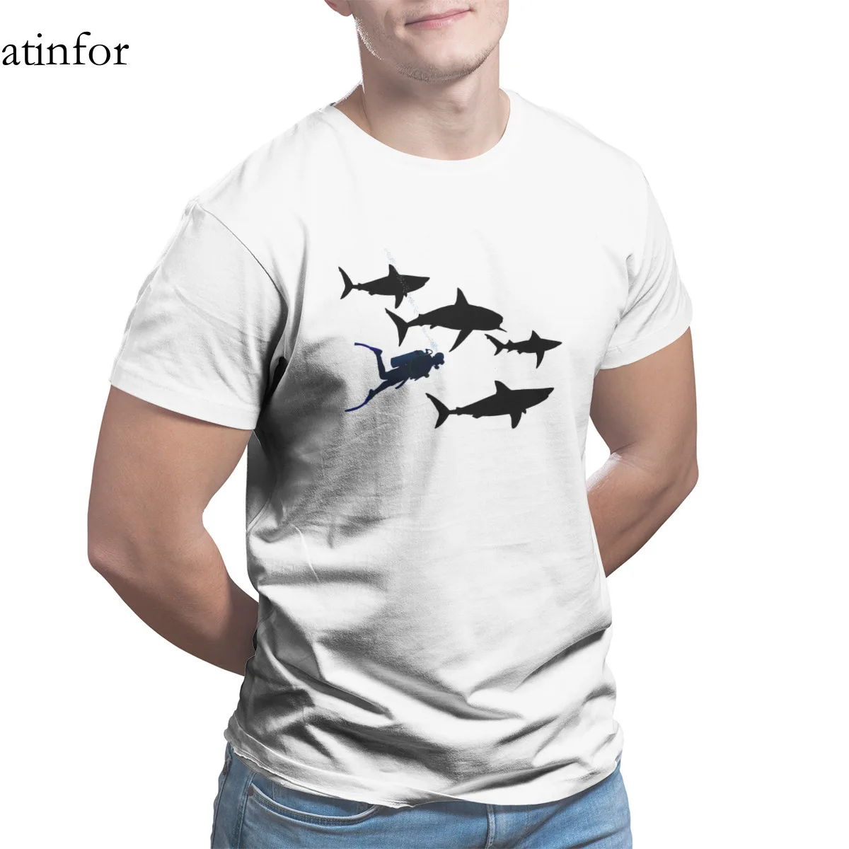 

Diving and sharks T-Shirt Essentials Vintage Wholesale Clothes Top quality Hip-Hop Men Clothing 27377
