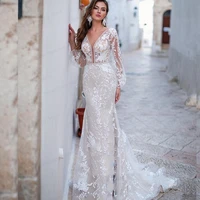 mermaid wedding dress long sleeve v neck lace wedding gown embroidery applique custom made for women sexy robe de mariage