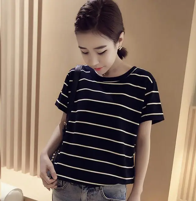 

New Women's Summer Stripe Round Collar Top Short Slleeve Slim T-shirt