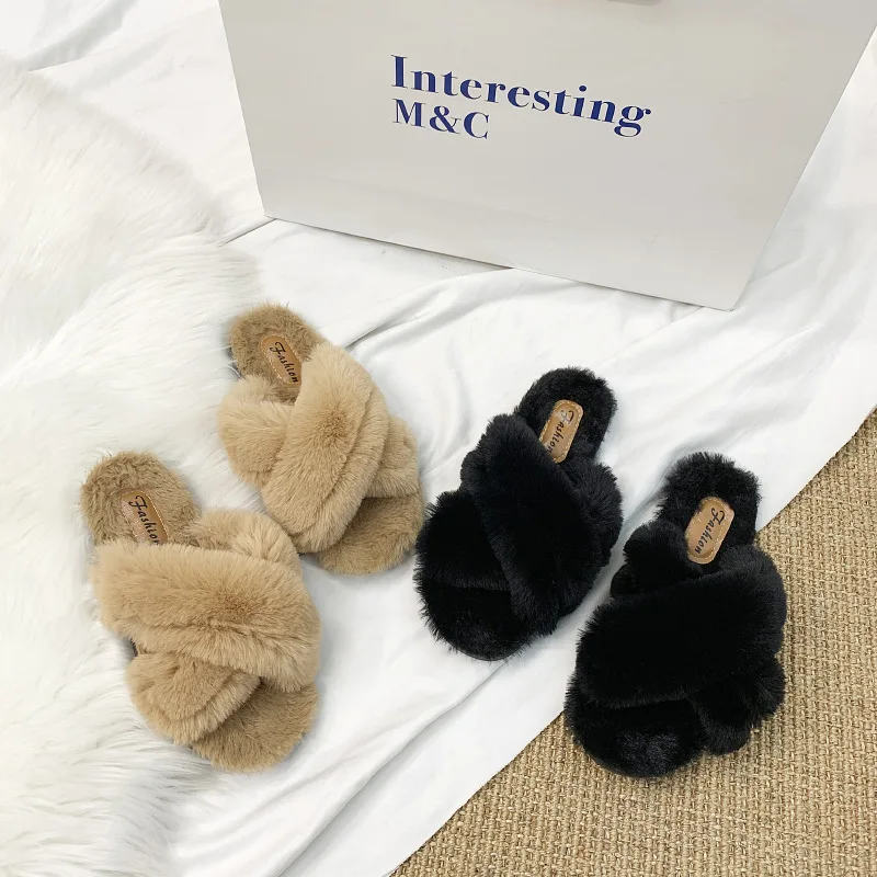 

2021 Autumn and Winter Fur Slippers for Women's Outer Wear Fashion All-match Rabbit Fur Cross Flat Bottom Net Red Lazy Indoor