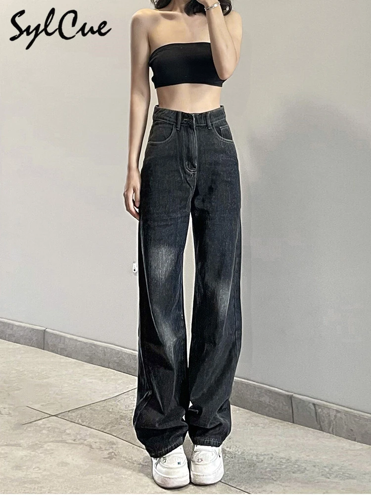 

Sylcue Simple And Generous White All-Match Commuter Classic Retro Slim High Waist Women's Straight Wide-Leg Jeans Trousers