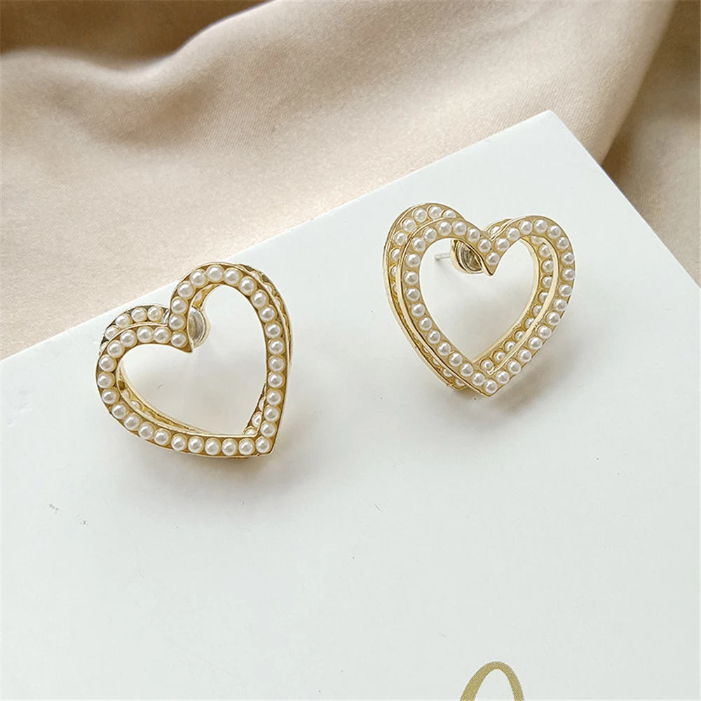 

NEW Fashion Pearl Earring Femininity Double Alloy Heart-Shaped Earrings Jewelry Accessories