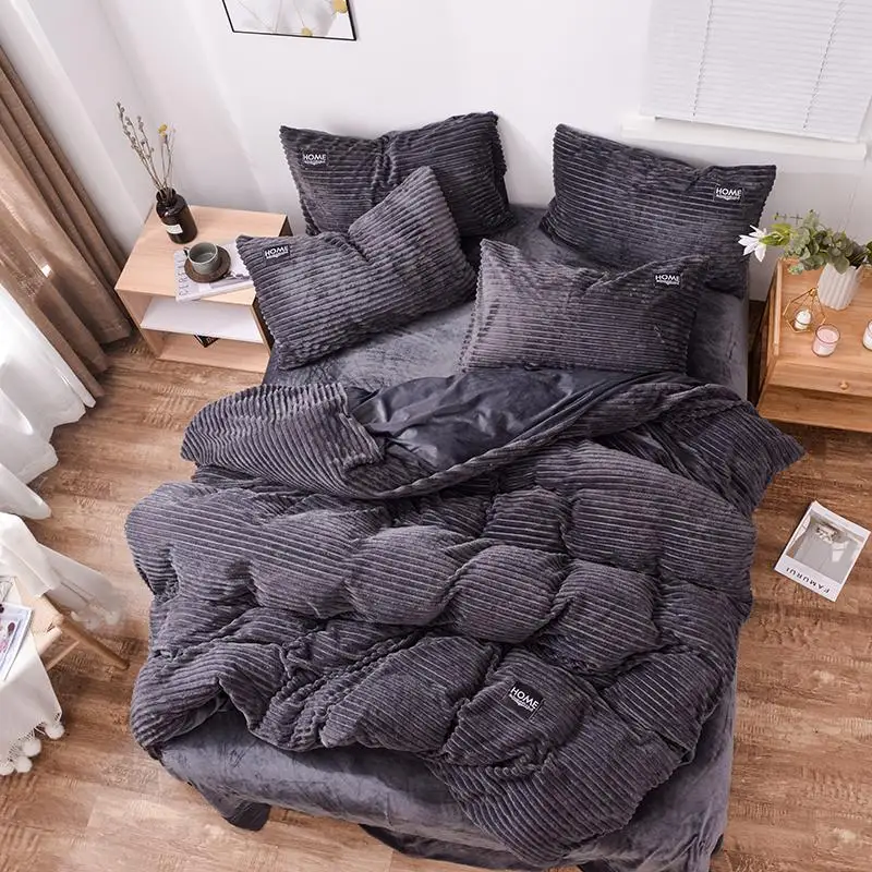 

37 Magic velvet Fleece bedding set 3/4pcs/set stripe duvet cover flat sheet pillowcase AB side flannel winter warm bed linen