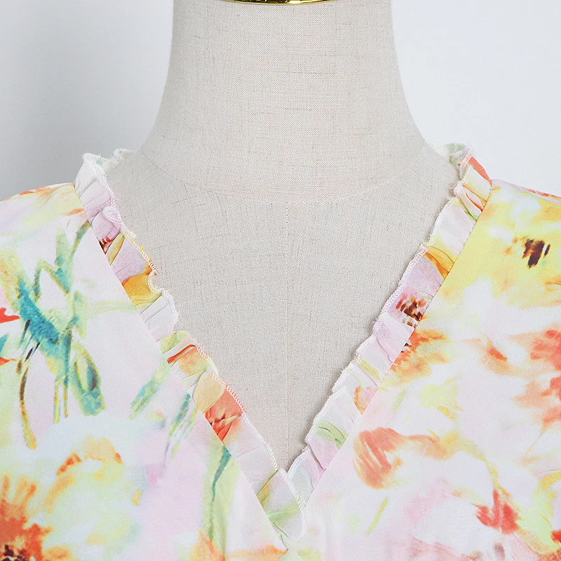 

GALCAUR Vintage Print Dress For Women V Neck Long Sleeve High Waist Lace Up Bowknot A Line Mini Dresses Female 2021 Fall Clothes