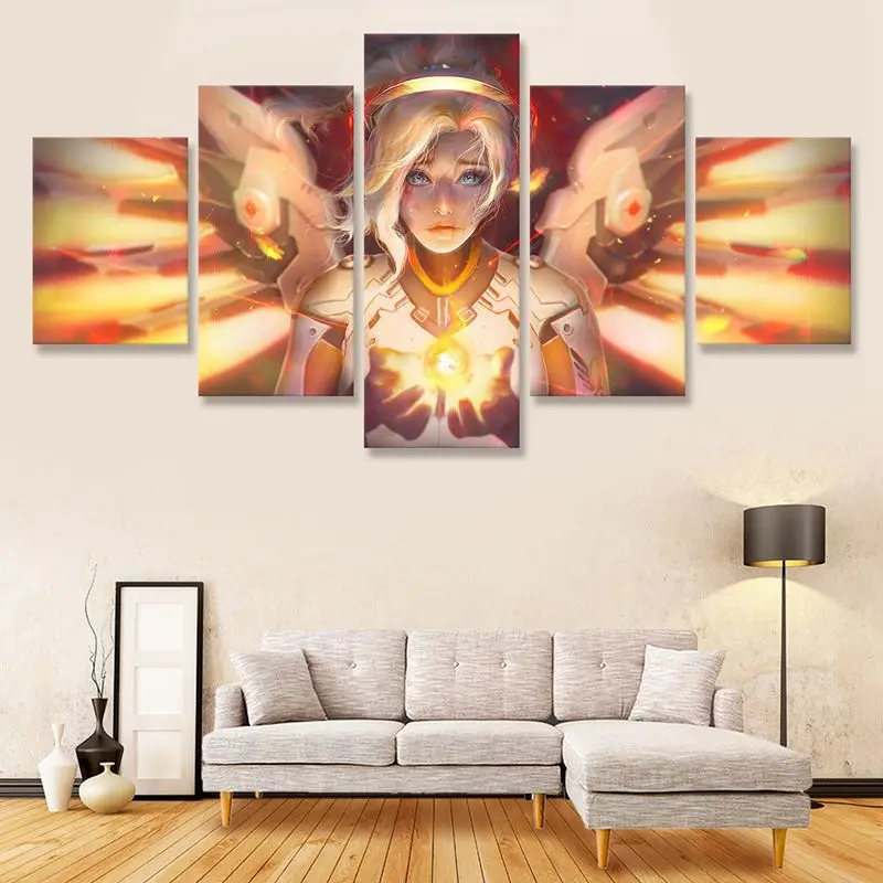 

Overwatchs Mercy Blue Eyes Wings Canvas Painting 5 Pieces Posters and Prints Art Print Wall Painting Living Room