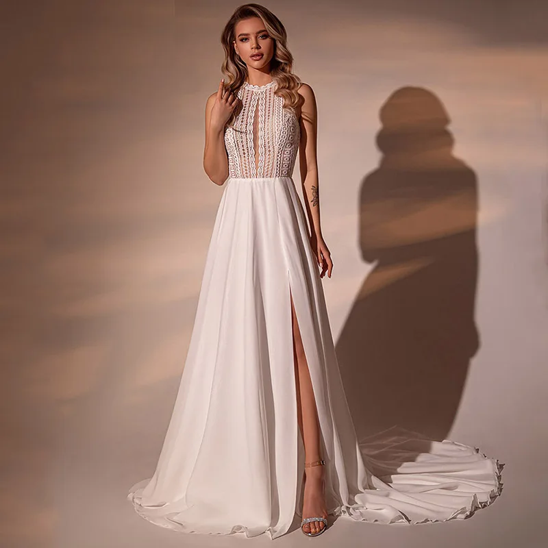 

Luxury A-line Wedding Dresses Chiffon Embroidery Sexy Gowns Sleeveless Legs High Split Robe De Mariée Tailor-Made