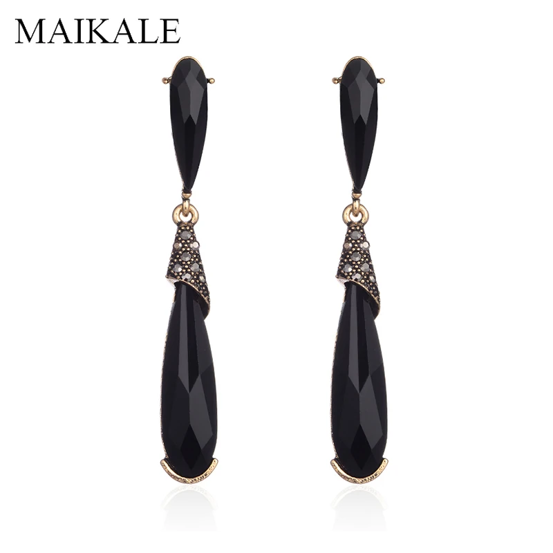MAIKALE, винтажные серьги-капли с большими кристаллами для женщин, капли, черные стразы, золото, серебро, цвет металла, длинные серьги
