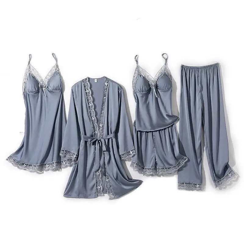 

Пижамный костюм с верхом, кружевные штаны для женщин сексуальный халат-кимоно Пижама Pour Femme Сексуальная сатиновая Ночная сорочка Домашняя о...