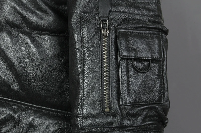 

Fashion Genuine Leather Men Black Cowskin Jacket Fur Hooded White Duck Down Long Two Pockets Winter Coat