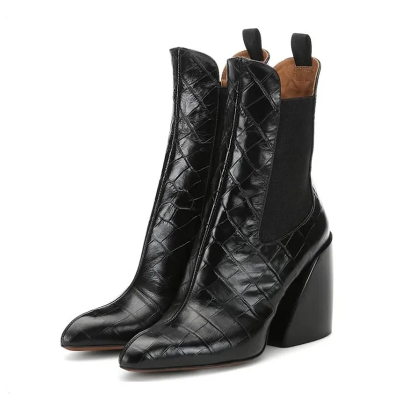 Сексуальные черные ботильоны для женщин с острым носком на массивном высоком