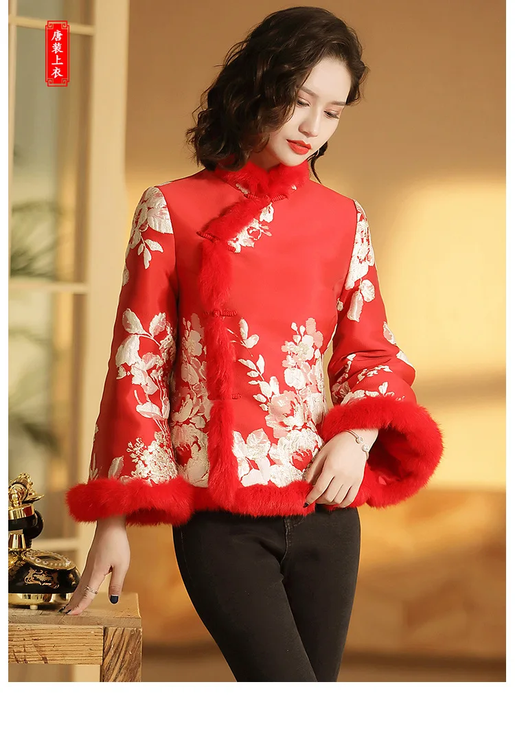 new year chinese-style dress Tang Costume collar cotton-padded jacket retro printing long-sleeved Short coat winter jackets