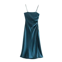 women 2021 fashion front slit pleated velvet midi dress vintage backless thin straps female dresses vestidos mujer