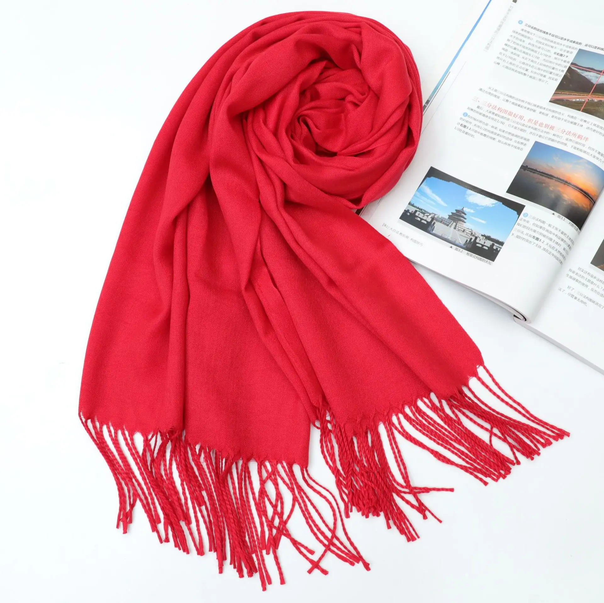 BUENOS осенне зимний искусственный кашемировый однотонный красный шарф большой