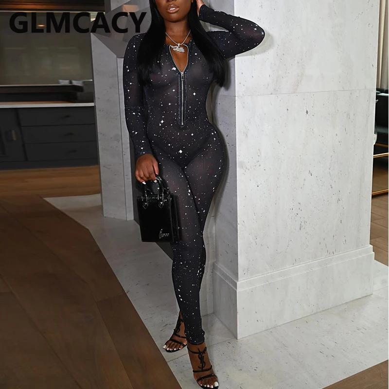 

Комбинезон вечерние чатый прозрачный с длинным рукавом, на молнии спереди