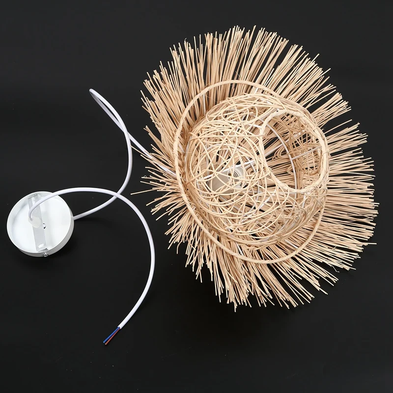

LED Rattan Chandelier Round Bird's Nest House Straw Hat Lamp Pastoral Vintage Balcony Restaurant Chandelier Lamp Shade(Without B