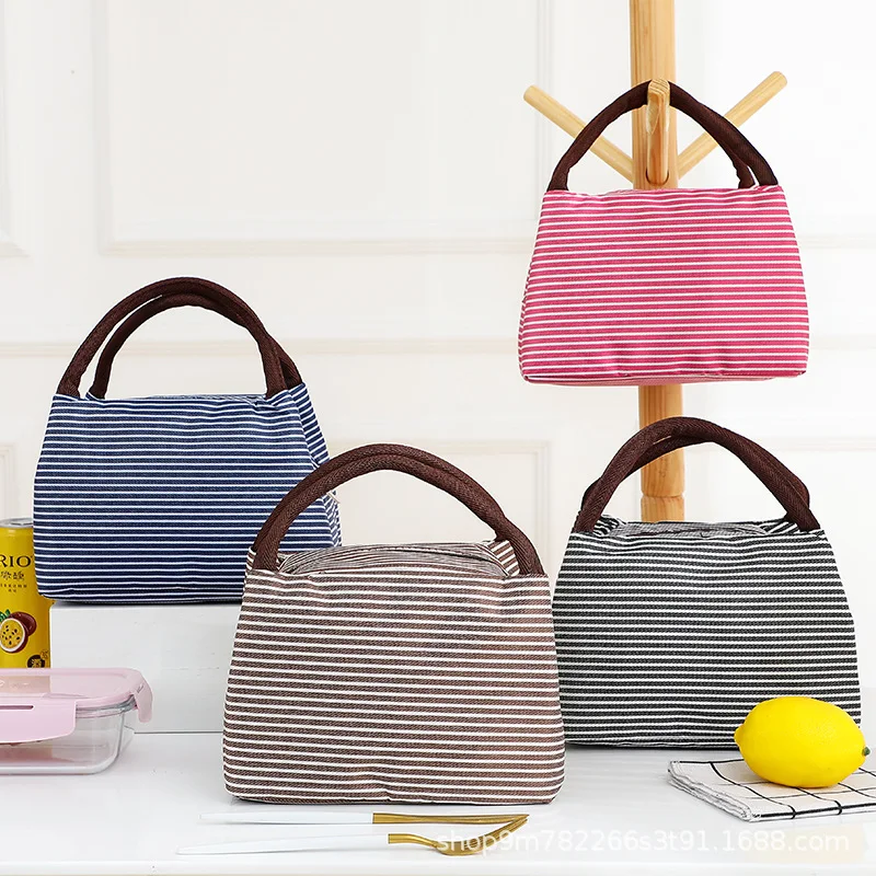

Leisure Women Portable Lunch Bag Canvas Stripe Insulated Cooler Bags Thermal Food Picnic Lunch Bags Kids Lunch Box Bag Tote