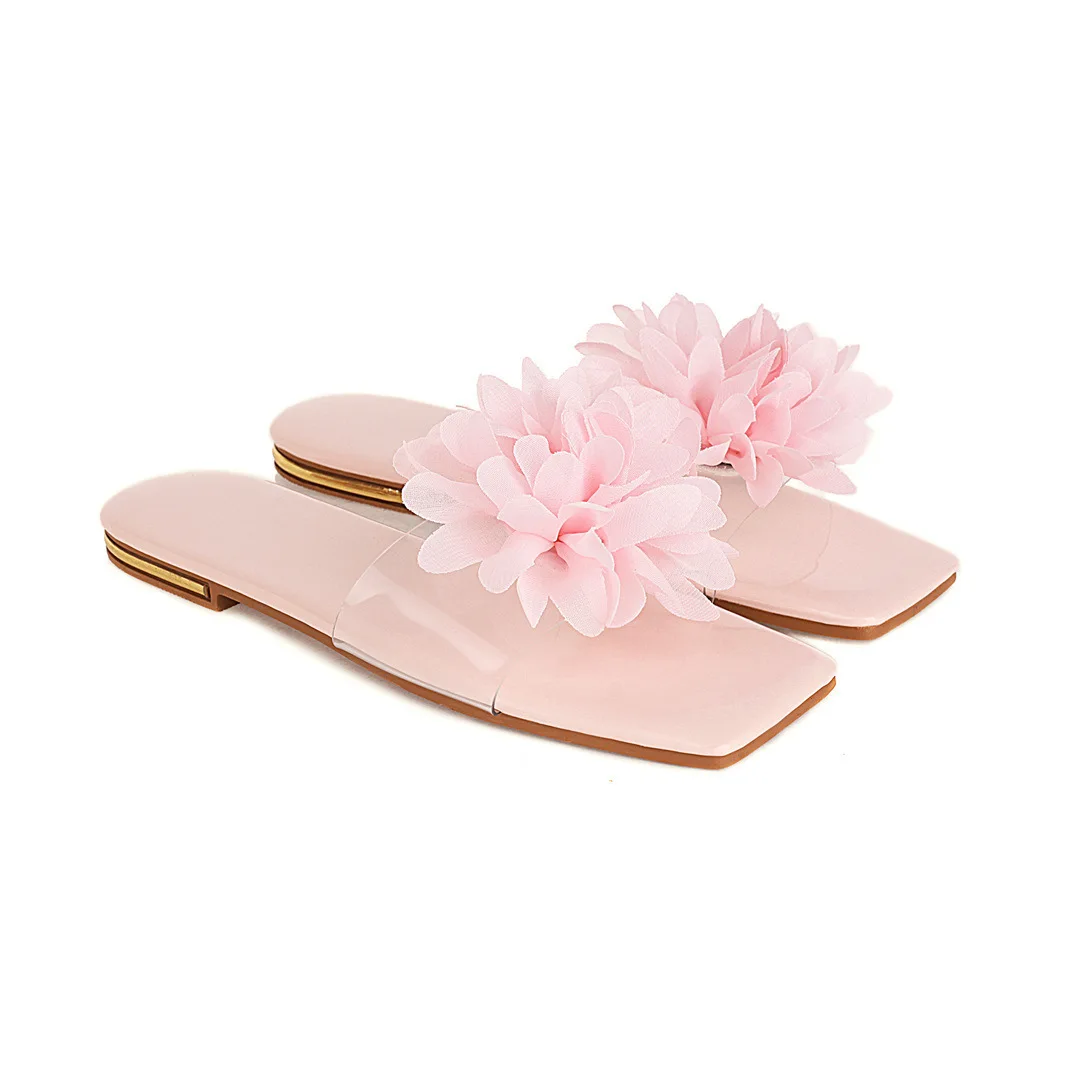 

Flower Female Shoes Big Size Ladies' Slippers Transparent Heel 2021 Flat Scandals Rubber Basic PU Fretwork Fabric Slides Floral