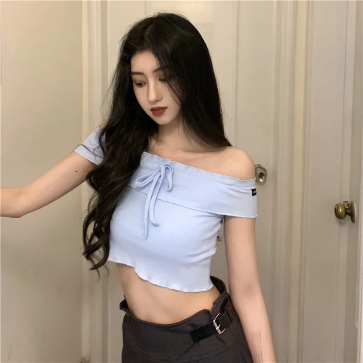 

Sexy Off Shoulder with Falbala Side Short Type Knitwear Cropped Top Women's Camisole