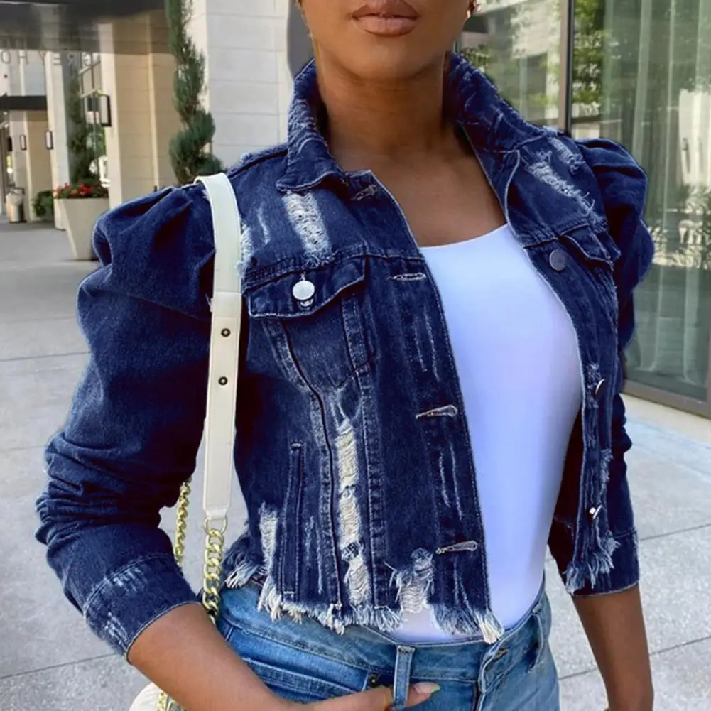 

Casual Denim Jacket Washed Ripped Sexy Puff Sleeve Broken Holes Sexy Turndown Collar Single-breasted Jean Coat Streetwear