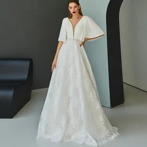 Boho Bridal Dresses 2021 A-Line V-Neck Half Batwing Sleeve Lace Elegant Appliques Ruched Wedding Gowns Button Back Court Train