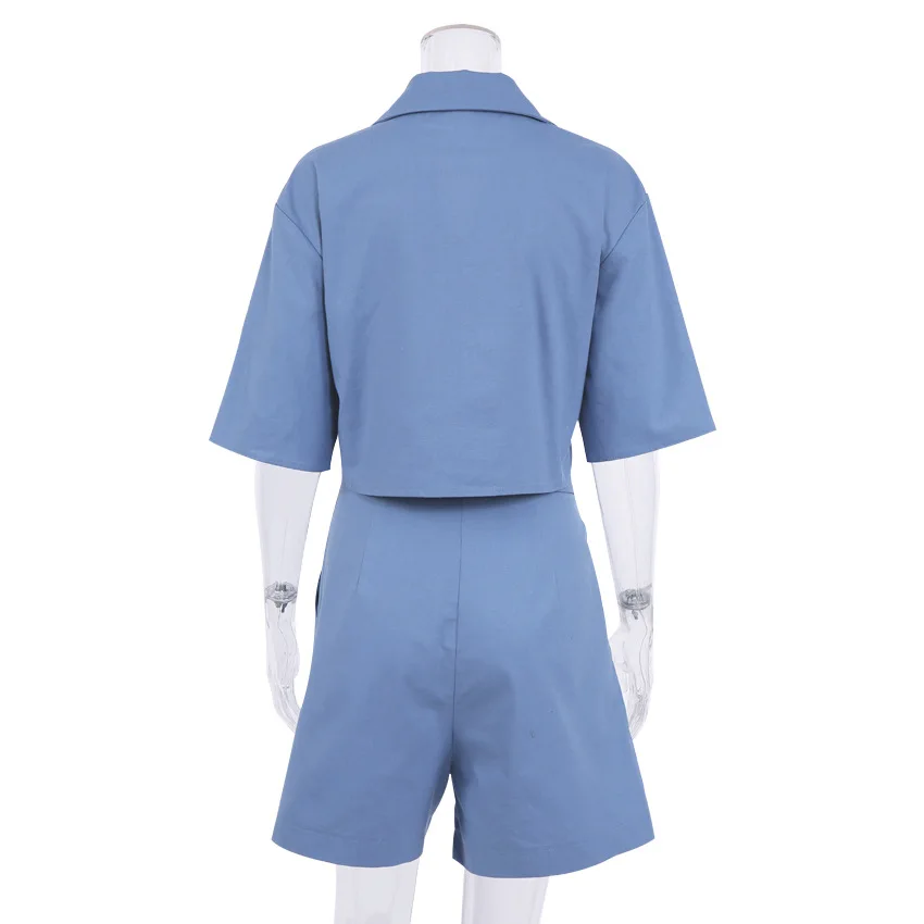 

Pinkou Women Stylish Blue Blouse Set Short Sleeve Blouse Bow Tie Shorts Suits Summer Linen Casual Top DA03