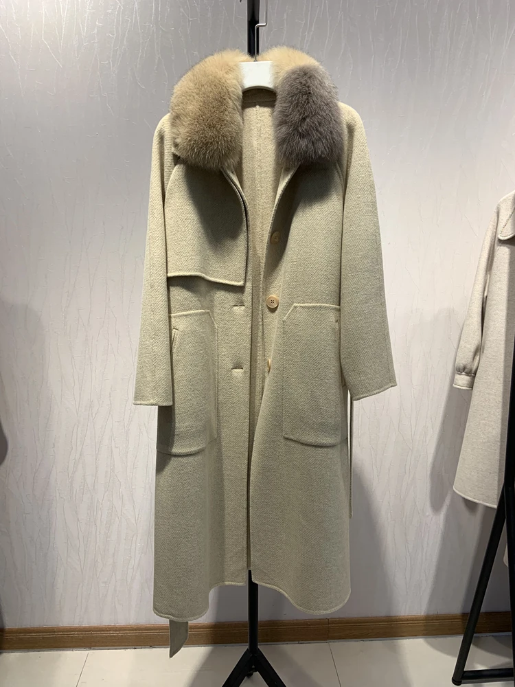 OFTBUY пальто с натуральным мехом зимняя куртка женская с воротником из натурального Лисьего меха шерсть смешанная Длинная Верхняя одежда с поясом Женская Уличная Повседневная