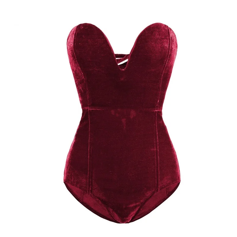 

Burgundy Sexy Bodysuit Vintage Strapless Velvet Party Club Women Bodycon Backless Lace Up Body 2021 V Neck Party Bodysuits 90s