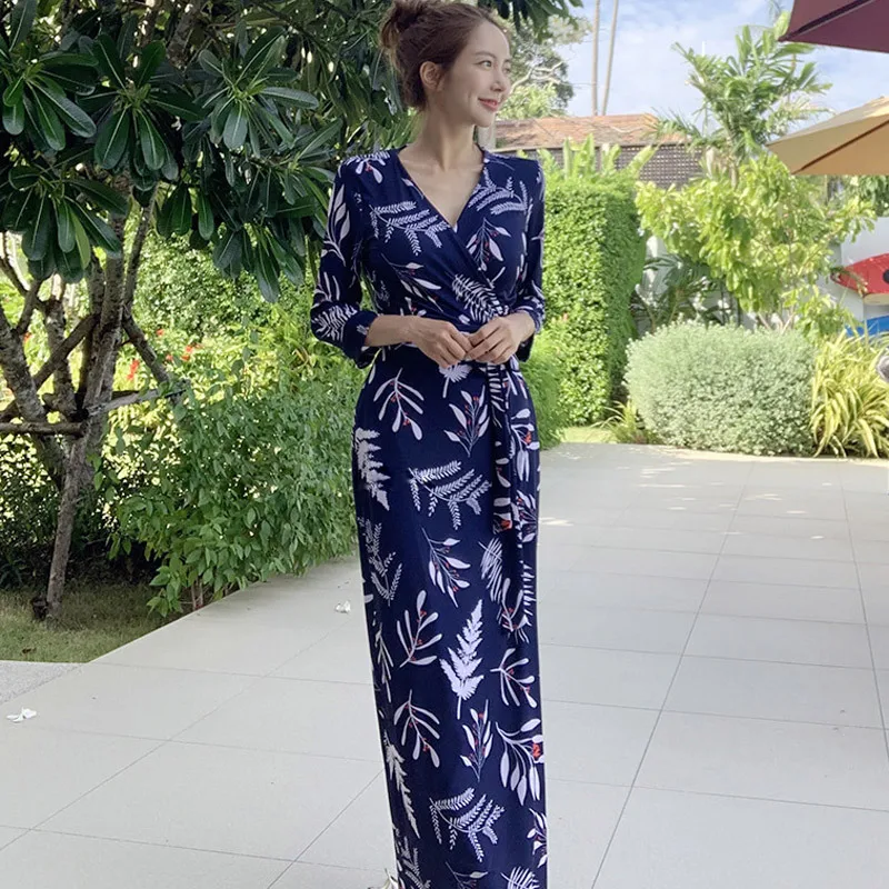 Женский корсет на запястье длинное платье осень 2019 с принтом листьев винтажное