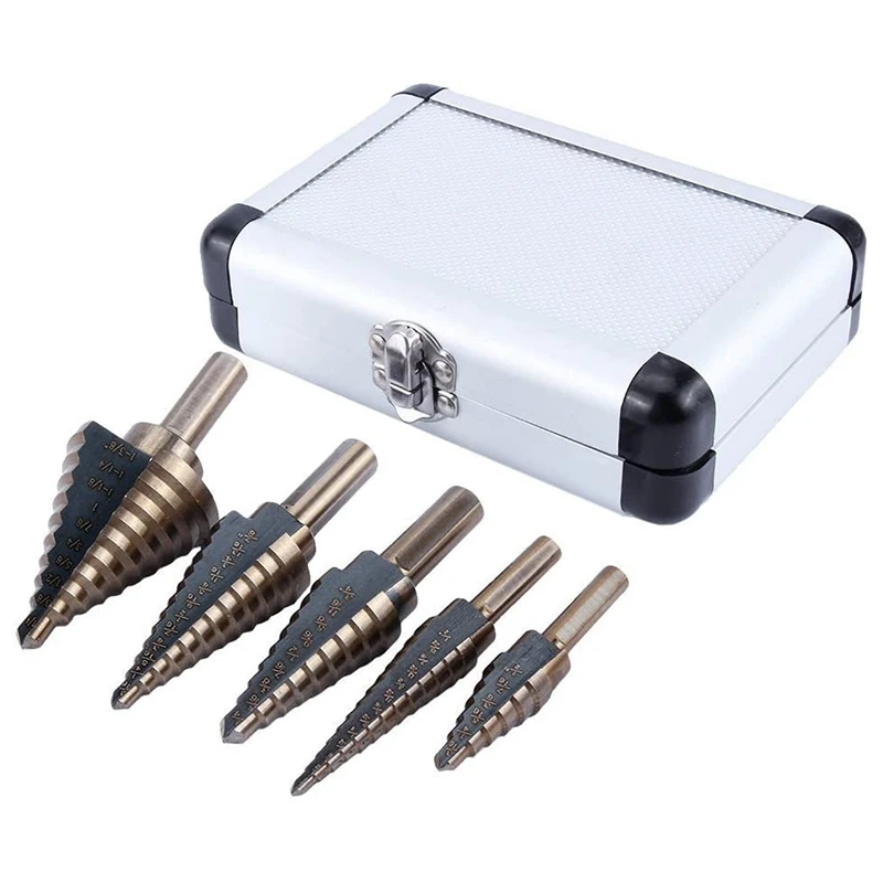 

5 PCS Step Cone Drill Titanium Plated High Speed Steel Drill Bit Set
